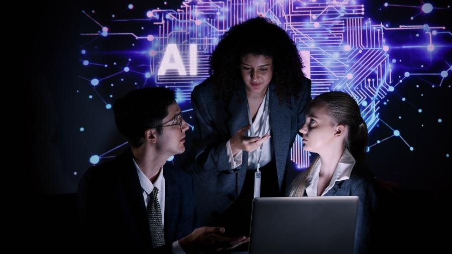 Team meeting with an AI hologram guided by an AI consultant
