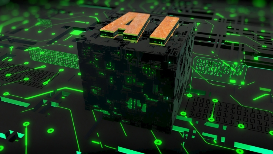 Green circuit chip representing secure infrastructure for AI app development